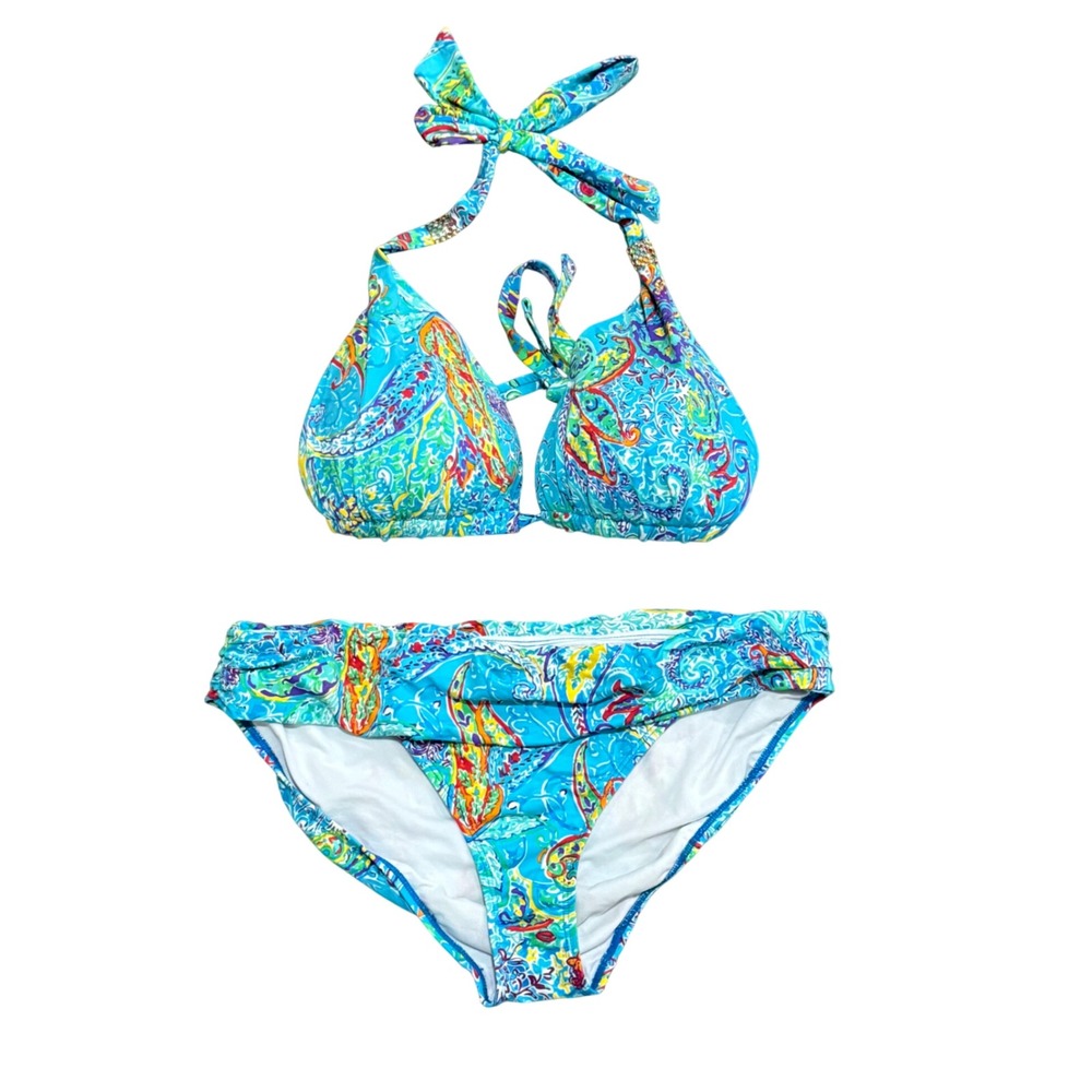 Lauren Ralph Lauren Paisley Halter Bikini Set Turquoise Blue 2 Piece Swim sz 12